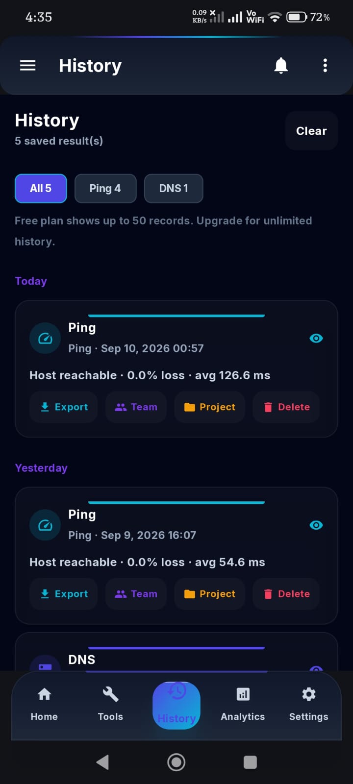 Network Copilot history and report export